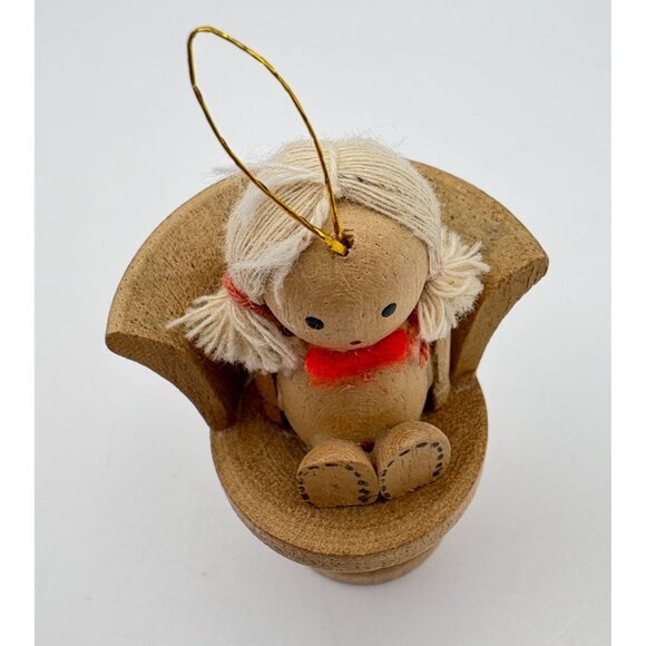 Wood Christmas Tree Ornament Sitting Girl Rustic Holiday Decor - Picture 6 of 8